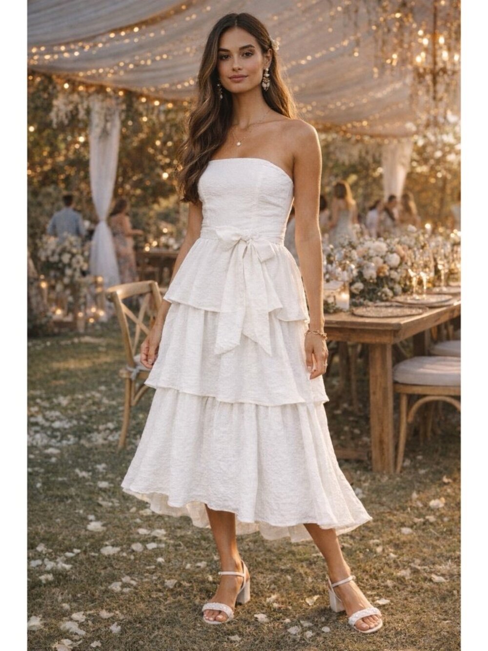 Lulus Truly Marvelous Midi Dress Sz Small White Jacquard Strapless Tiered Belted - Picture 2 of 7